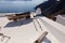 Wooden boat on the roof of the building. Thira Fira