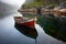 Wooden boat on water at mountains, scenery of lake in mist, generative AI