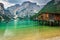 Wooden boathouse on the alpine lake,Dolomites,Italy,Europe