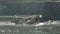 Wooden boats floating near base of castle, waves crashing against the stones