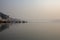 Wooden boats at sacred river Ganges in Varanasi, India. Malviya