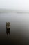 Wooden bollard reflected in the water.