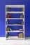 Wooden bookcase with many different books, blue wall