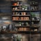 Wooden bookshelves with brown books and plants in a living room (tiled