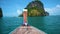 Wooden bow Ancient wooden boat Sea of â€‹â€‹Ko Rok indigo water dark blue beautiful Krabi Thailand Asia