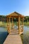 Wooden bower on the pond in Grodek park in Jaworzno