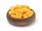 Wooden bowl of candied mango dice