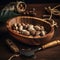 A wooden bowl filled with Brazil nuts