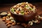 Wooden bowl filled with a medley of walnuts, pistachios, almonds