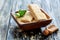 Wooden bowl with honey sesame bars.