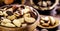 Wooden bowl with many Bertholletia excelsa, popularly known as chestnut of the amazon, chestnut of acre, Brazil nut, bolivian