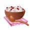 Wooden bowl with white, red, and pink beans in it