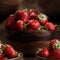 Wooden bowls filled with shiny and texture-rich strawberries (tiled