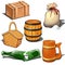 Wooden box, barrel, canvas sack with bulk product, picnic basket, broken bottle and beer mug Thematic six icons isolated