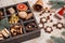 wooden box with Christmas symbols, top view, close-up