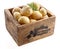 Wooden box of fresh new farm potatoes