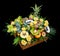 Wooden box with lots of exotic fruits and flowers isolated on black background as a gift