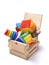 Wooden box with many toys