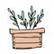 Wooden box with plant label in a flat graphic outline style. Isolated vector garden container with seedlings. color hand-drawn