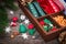 Wooden box with ribbons, beads, Christmas craftsÑŽ