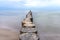 Wooden breakwater covered with moss, arranged in a row at sea, long exposure time, blurred sea waves.