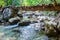 Wooden bridge across stream.