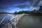 Wooden bridge crossover reservoir southern of Thailand