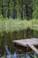 Wooden bridge in a forest lake. Quiet beautiful nature. Vertical