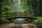 Wooden bridge gracefully arching over a tranquil stream in a dense, green forest. AI generated.