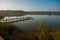 Wooden bridge on the lake. Beautiful landscape overlooking the lake in Coba. Mexico, Yucatan.