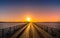 Wooden bridge leading to Bull Island with silhouette of houses and lighthouse