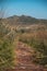 A wooden bridge in the middle of a field. A rocky mountain in the distance. Bulgarian hiking trail