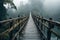 A wooden bridge in the middle of a foggy forest