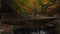 Wooden Bridge in the National Park. Waterfall in the Autumn Forest