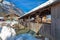 Wooden bridge over Loisach river in Garmisch Partenkirchen in winter