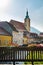 Wooden bridge over a river in autumn, church and old town in Samobor near Zagreb, Croatia