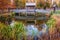 Wooden bridge over small pond in Leesylvania State Park, Virginia.