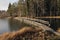 Wooden bridge pathway over water surface in Mellonlahti, Imatra Finland