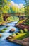 A wooden bridge spanning across a flowing river. Painting