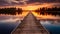 a wooden bridge spanning across a tranquil lake at sunset, warm colors reflecting on the water\\\'s surface, AI-generated