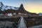 Wooden bridge used as leading lines towards the famous mountain and houses in Reine