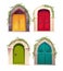 Wooden bright doors with handle, arch and ivy plant. Entrance, gate in a castle, church or house.