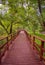 Wooden brown bridge in the park, autumn park, wooden path, distance path, forest platform, wooden railing, autumn park