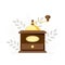 Wooden brown coffee grinder on light leaf background