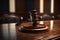 Wooden brown judge gavel, decision glossy mallet for court verdict. 3d. Law and justice system symbol. Auction hammer on the stand