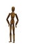 Wooden brown mannequin in standing position white background, isolate.