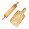 Wooden browning rolling pin and kitchen board