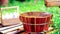 Wooden bucket for foot bath in hot spring garden, onsen, soft-focus.4k