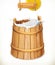 Wooden bucket. Milk. Natural dairy products. 3d vector icon