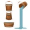 Wooden buckets and a tub filled with water. Liquid pouring with a splash. Cartoon style illustration.